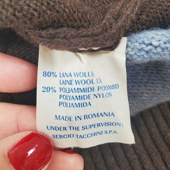 Sergio Tachinni Pullover Sweater Wool Blend Quarter Zip Argyle Blue Brown L - Picture 8 of 9